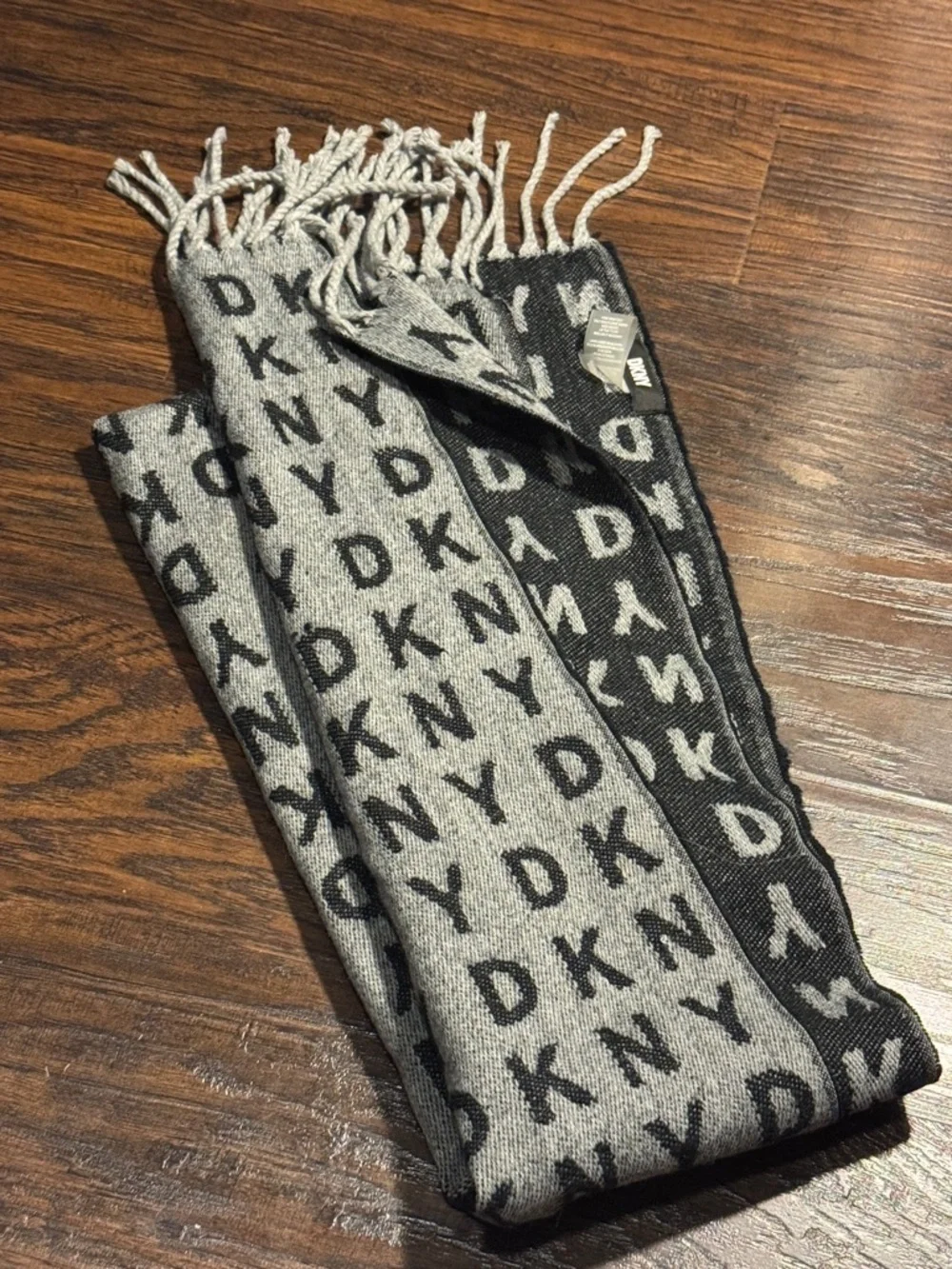 DKNY Reversible Black & Gray Logo Scarf with Fringe